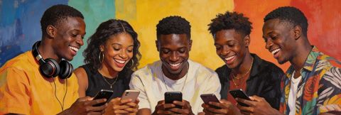 Young Nigerian friends laughing while sharing music, movies and memes on their phones