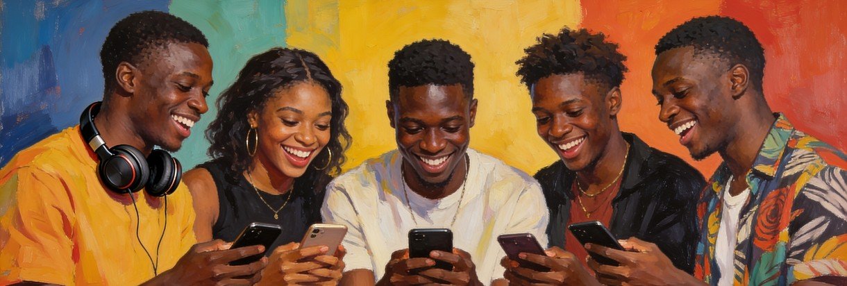 Young Nigerian friends laughing while sharing music, movies and memes on their phones
